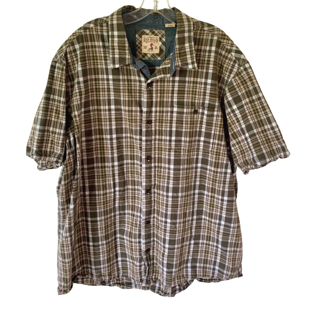 RedHead 2XL Shirt Short Sleeve Button Front Green Plaid Pocket